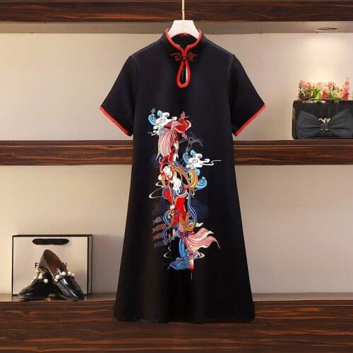 Chinese Cheongsam Style Summer 2021 Vintage Black Dress For Women Short Sleeve Loose Elegant Comic Print Female Dresses