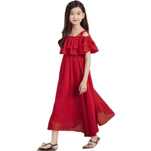 Girls Dress Summer Childrens Word Shoulder Chiffon Off-the-shoulder Sling Dress Baby Girl Clothing