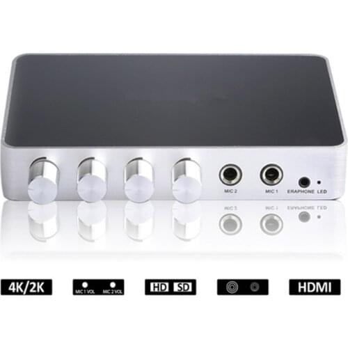 Portable KM200 4K*2K HDMI Karaoke Sound Mixer Digital Stereo Audio Echo System Karaoke Amplifier with Dual Microphone