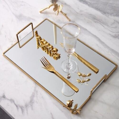 Luxury Golden Metal Pomegranate Decorative Mirror Tray Coffee Storage Tray Villa Model Room Club Home Decoration Accessories