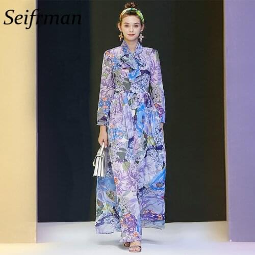 Seifrmann Women Summer Fashion Designer Party Long Dress Bow Sashes Floral Print High Waist Ladies A-Line Dresses vestidos 2021