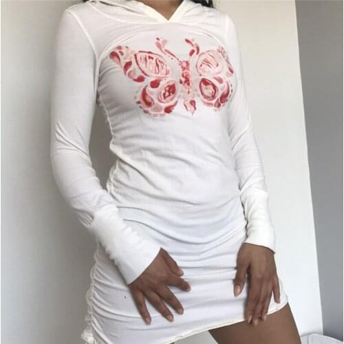 Y2k Butterfly Pattern Hoodies Dress White Long Sleeve Bodycon Skinny Mini Dress with Hooded Fashion Sweater Dress 2021