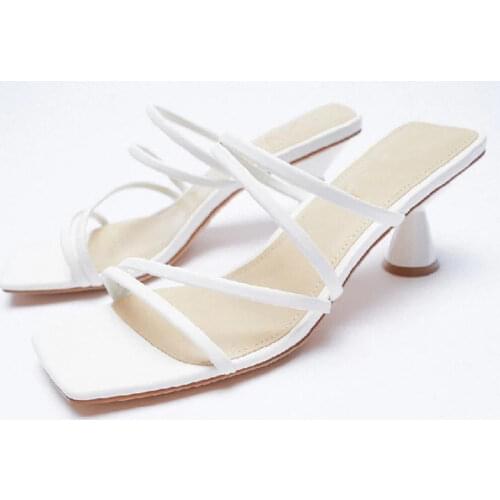 ZAR 2021 Summer New White One Word With Fashion Square Toe High Heels Sexy Stiletto Muller Sandals And Slippers Women Luxury