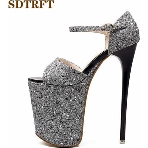 SDTRFT Sequins shoes woman Plus:34-42 43 Summer ladies platforms Pumps Sexy 20cm thin Heels Narrow Band dress Sandals US14 15 16