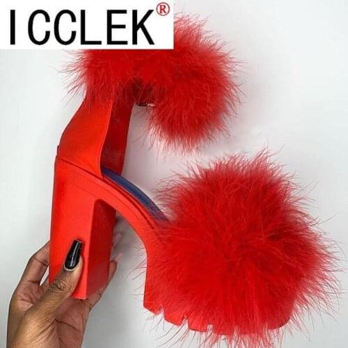 Woman Furry Sandals High Heels with Fur Female Platform Pumps Women Ankle Strap Womens Square Heel Shoes
