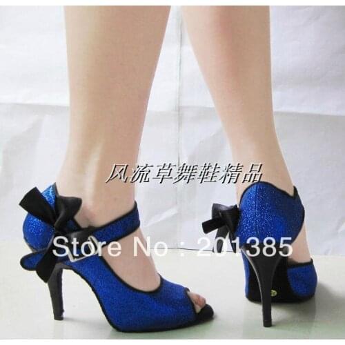 Women Blue Glitter Black Satin Bows LATIN Shoes Ballroom Dance Shoes Salsa Tango Shoes