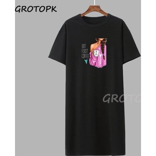 BUT FIRST COFFEE T-shirt Dress Korean Clothes Black T-shirt Dress New Arrival Funny Dress Streetwear Polyester Woman Dress