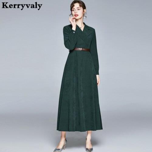 Hepburn High Waist Green Suit Long Maxi Dress Women Long Sleeve Elegant Wrap Party Dress Kleider Damen Robe Longue K8645