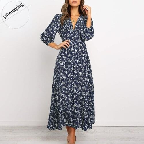 2021 Women Chiffon Long Dress Floral Print Lantern Sleeve A-line Maxi Autumn New Elegant Vintage V Neck Winter Bohemia Dresses