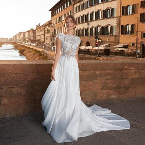 New Vestido de Noiva Cap Sleeves Scalloped A-Line Chiffon Wedding Dress 2021 Zipper Button Back Bridal Gown robe de mariee