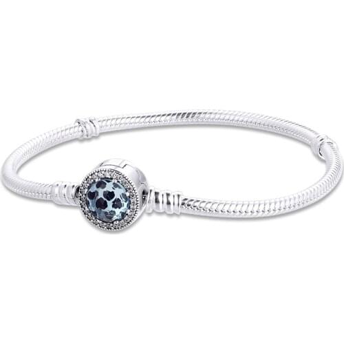 100% 925 Sterling-Silver-Jewelry Radiant Hearts Clasp Bracelet with Glacier-Blue CZ Free Shipping