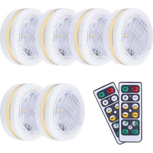 6 Lamps 2 Remote Controller Battery Powered Round Led Cabinet Light Portable Emergency Lighting Stairs Drawer Closet