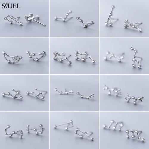 925 Sterling Silver Elegant Zodiac Sign Earrings for Women Adjustable CZ Zircon Studs 12 Constellation Jewelry Birthday Gift