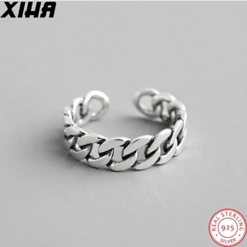 Antique Thai 925 Sterling Silver Open Adjustable Rings for Women Curb Cuban Chain Link Cute Simple Ring for Teens Girls Jewelry