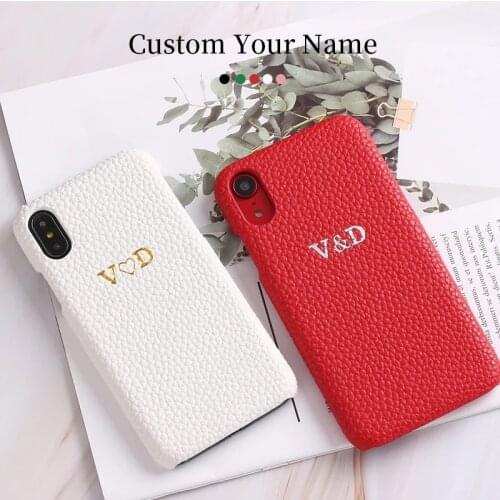 Personalization Custom Initial Name Pebble Grain Luxury Leather Phone Case For iPhone 12 11 Pro X XR XS Max 7 8Plus Phone Cover