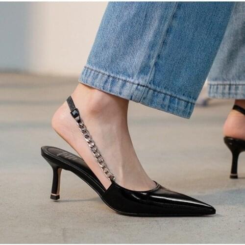 Ladies Metal Chain High Heels Shoes Women Pumps Fashion Soft Leather Heels Shoes Woman Pointed Toe Non-slip Brand Plus Size
