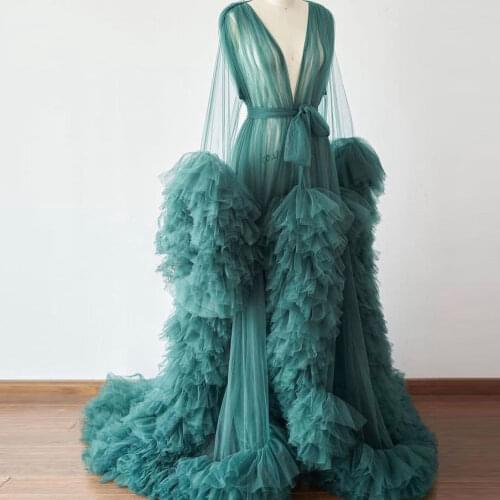 Real Image Fluffy Tulle Women Long Robe To Photography Sexy See Thru Ruffles Night Gowns Fashion Maternity Dress To Photo Shoot