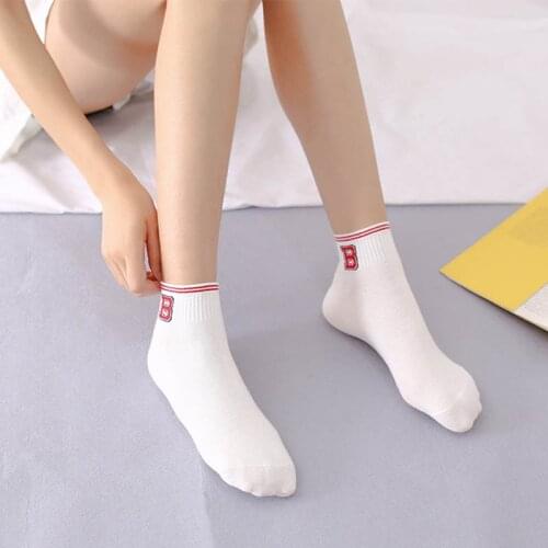 FENNASI 5 Pairs Women Summer Letter Striped White Short Socks Girl Student Korean Short Ankle Cotton Socks With Print Hosiery