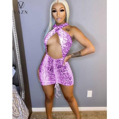 VAZN 2021 Hot Drawstring Style Hollow Out Sexy Club Open Halter Off Shoulder Mini Skinny Dress Women For Evening Robe