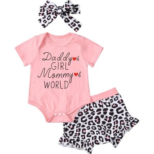 0-18M Summer Lovely Baby Girls Clothes Sets 3pcs Letter Short Sleeve Romper Leopard Shorts Headband