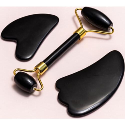 Natural Black Obsidian Massage Roller Double Head Jade Facial Massager Gua Sha Board Skin Care Tool Set Black Stone Jade Roller