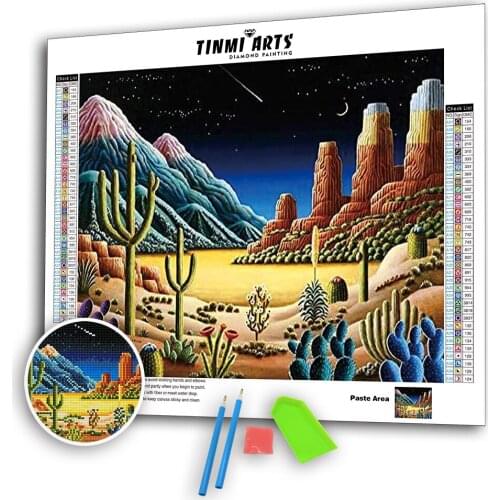 5D DIY Poured Glue Diamond Painting Kits Scalloped Edge Full Round Drill Desert Cactus Mosaic Landscape Vevet Sticker Decoration