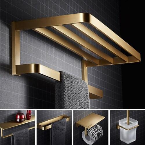 Brushed Gold Bathroom Accessories Set Brass Towel Ring/Rack Paper/Toilet Brush/Hair Dryer Holder Hooks Coner Shelf Bath Hardware
