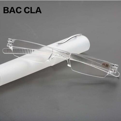 BAC CLA Comfy Rimless Reading Glasses Resin Clear Lens Women Men Portable Pen Tube Presbyopia Eyeglasses+1.0...+4.0 with Case