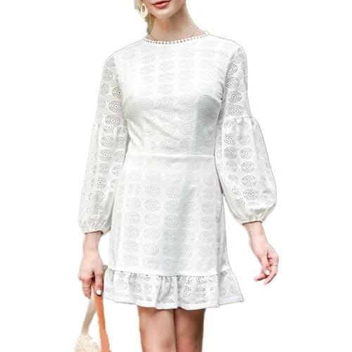 Pdfmily White Flowers Hollow Out Elegant Fashion Dresses Women Autumn O-Neck Long Puff Sleeve Backless Button A Line Mini Dress