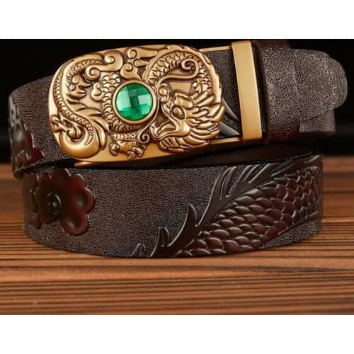 Men Automatic Buckle Genuine Leather Three Dimensional Carving Dragon Belt Fashion Red Green Artificial Gem Waistband BCD039