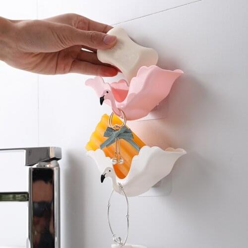 Flamingo Soap Dishes Self-adhesive Soap Box Wall-mounted Multifunctional Storage Shelf with Hook Bathroom Accessories soap rack