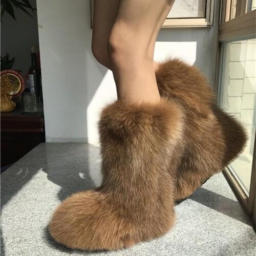 OLOMLB Womens Winter Snow Warm Fur Lining Real Fox Fur Trim Furry Mid Calf Boots Thicken Shoes Leopard 6 Colors Custom Made