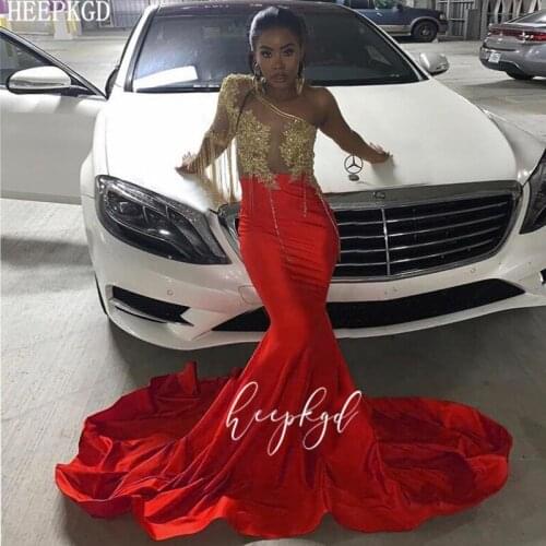 Sexy Black Girls Mermaid Red Prom Dresses One Shoulder See Through Appliques Satin Plus Size Graduation Wedding Party Dress