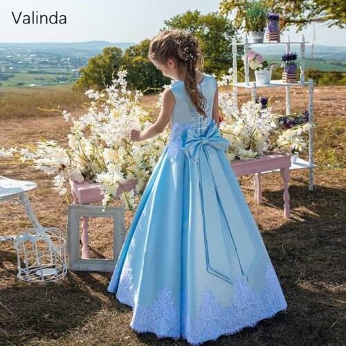 Blue Girl Pageant Dresses with Big Bow Tie Long Formal Occasion Pageant Dress for Girls Birthday Party Clothing