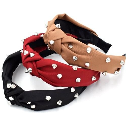 Vintage Thin Solid Color Fabric With Tip Rivet Knotted Hairband Knot Metal Beads Headband Hair Accessories Hair Jewelry Turban