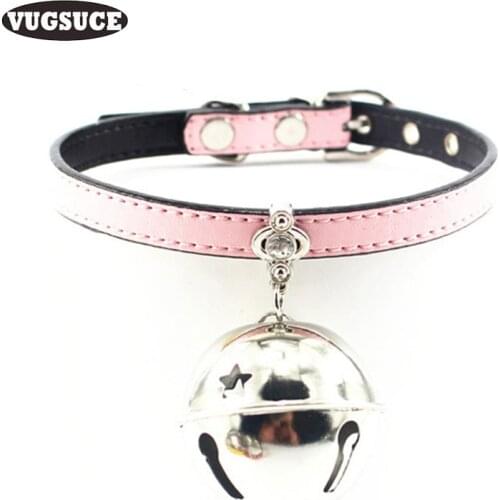 VUGSUCE PU Leather Dog Collar for Small Dogs Cat Cute Big Bells Adjustable Pet Collar Necklace Strap Round for Puppy Chihuahua