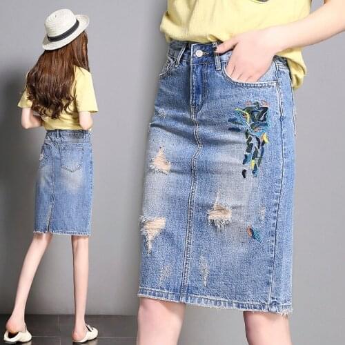Embroidery Hole Female Denim Skirts Summer Slim Faldas Mujer Solid High Waist Saia Jeans Casual A-line Skirts S M L XL XXL