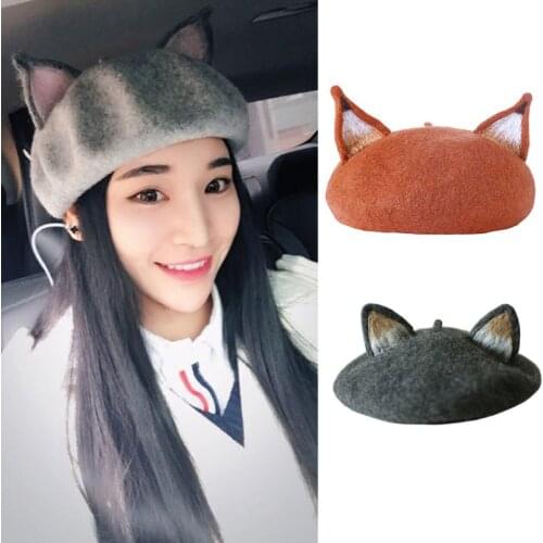 Women Girls Retro Beret Cap Cute 3D Cat Fox Pointed Ears Faux Felt Painter Hat