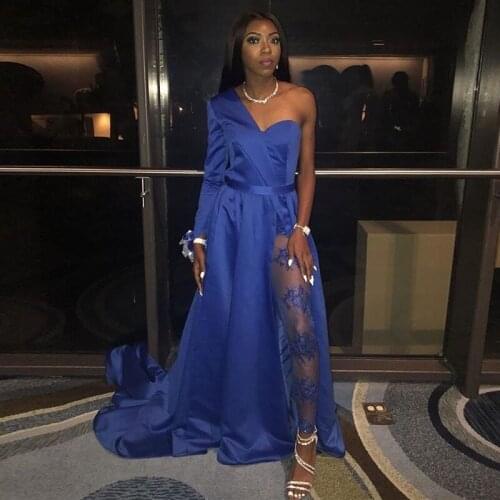 Royal Blue One-shoulder Prom Dress Jumpsuit with Overskirt Train 2021 Sweetheart Lace Stain Evening Gowns Illusion Trousers