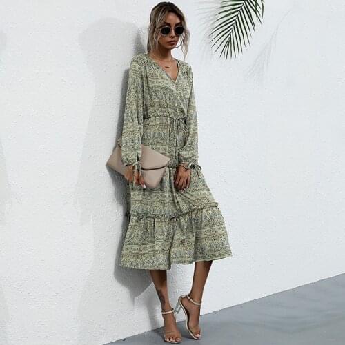 2020 Autumn Dress Women Long Sleeve V-Neck Holiday Aesthetic Vintage Soft Clothes Boho Midi Holiday Fall Dresses New Trend XL