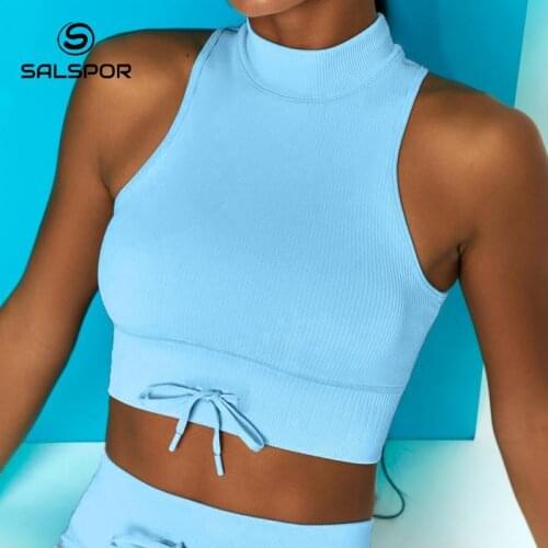 SALSPOR Candy Color High-Neck Sports Vest Seamless Solid Color Gathered Yoga Underwear Fitness High-Neck Tank Tops Women