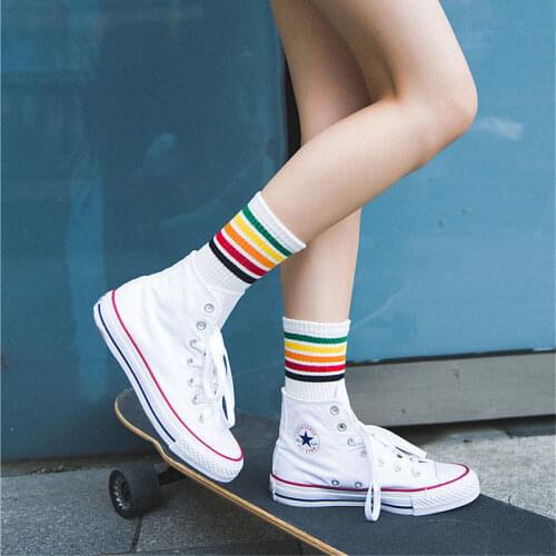 1Pairs Fashion Womens Socks Cotton Rainbow Stripes Christmas Gift Classic Warm Casual Tide Harajuku Funny Cute Pop Korean Socks