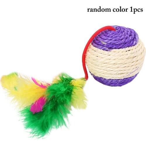 1PC Cat Interactive Toy Sisal Kitten Ball Bite-Resistant Pet Chew Toy Faux Feather Toy Kitten Chase Toy Pet Supply Random Color