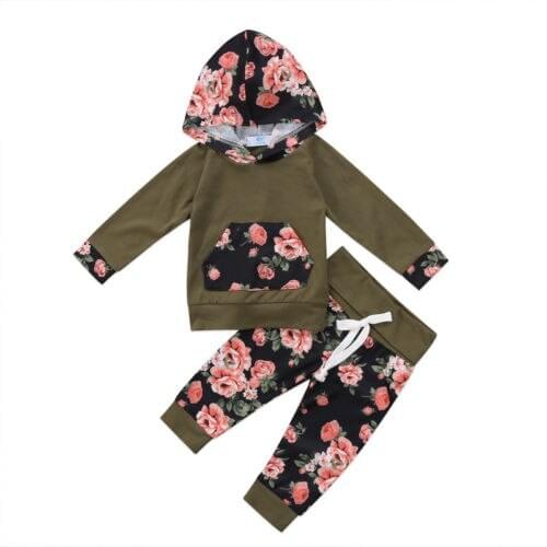 2pcs Newborn Baby Girls Hooded Sweatshirt Tops+Pants Outfits Floral Clothes Set Size 0-24M