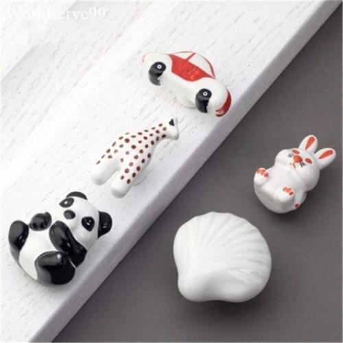 2016 Ceramic Animal Panda Car Shell Handle Knobs Single Hole Cabinet Cupboard Wardrobe Drawer Door Knob Pulls Kids Room Decor