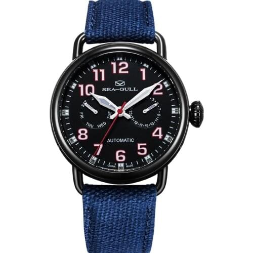 Seagull Chinese Military Watch Black PVD Case Auto Date Week Display Canvas Strap Mechanical Mens Watch 811.23.5026H