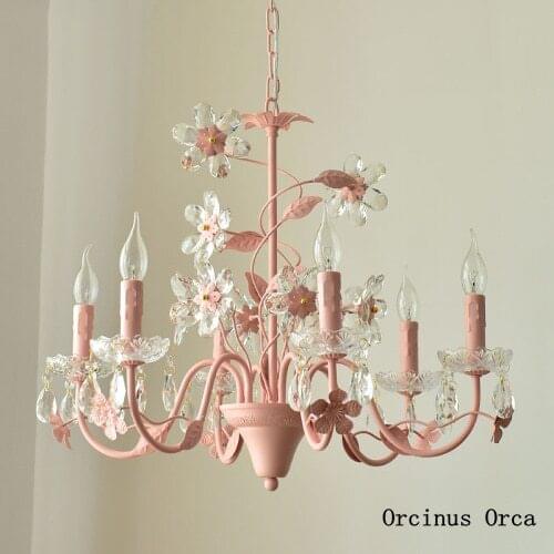European style creative Pink Crystal Flower Chandelier living room dining room Girl Bedroom personality romantic Iron Chandelier
