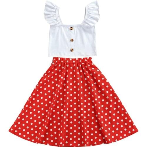 2-6Years Girls Clothes Set Solid Color Flying Sleeve Square Collar Cropped Tops + Polka Dot Print Long Skirt