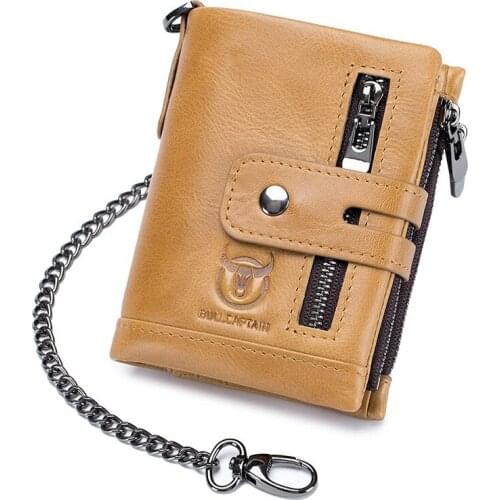 BULLCAPTAIN RFID Genuine Leather Men Wallet Coin Purse Small Mini Card Holder Chain Male Walet Pocket