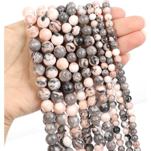 Natural Stone Pink Zebra Charm Round Loose Beads For Jewelry Making Needlework Bracelet Diy Strand 4-12MM
